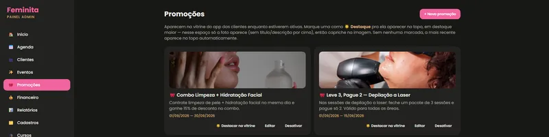 Tela de promoções do painel, com as campanhas ativas e a opção de destacar na vitrine do app das clientes.